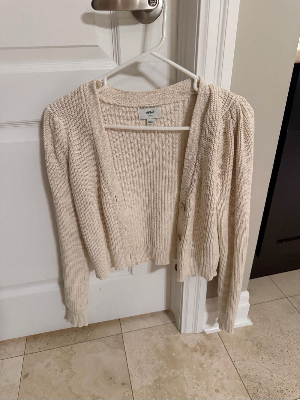 aerie Cream Ribbed Button-Front Cardigan